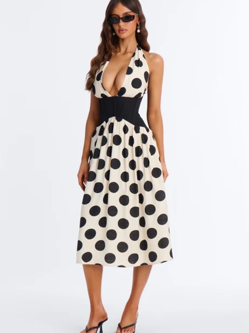 Fashion Nova Cream Polka Dot Halter Midi Dress with Black Waist Panel
